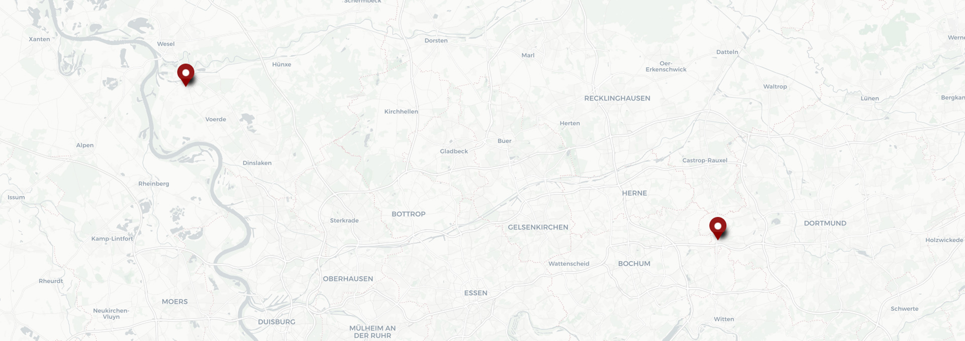 Karte der Standorte in Dortmund und Voerde / Niederrhein (Kreis Wesel)